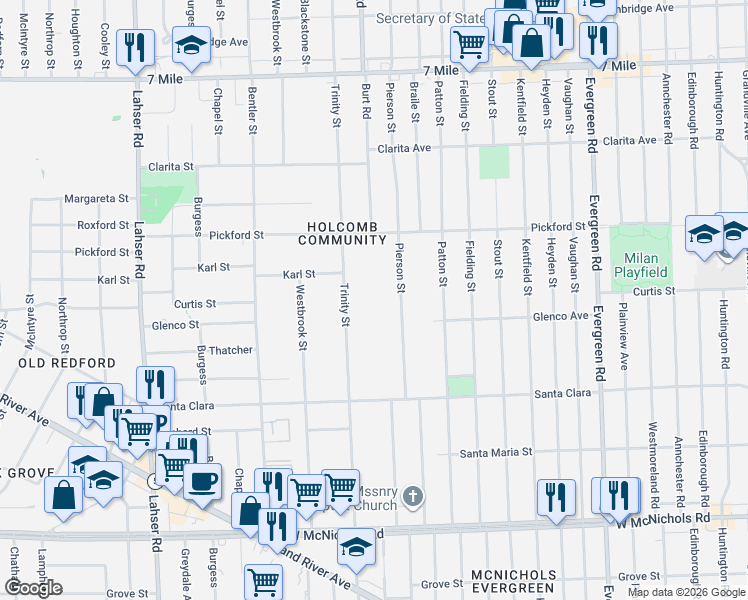 map of restaurants, bars, coffee shops, grocery stores, and more near 17676 Trinity Street in Detroit