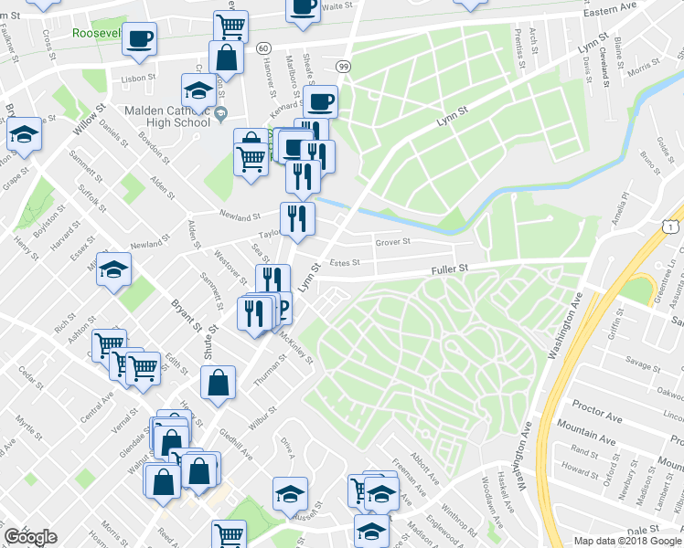map of restaurants, bars, coffee shops, grocery stores, and more near 34 Fuller Street in Everett