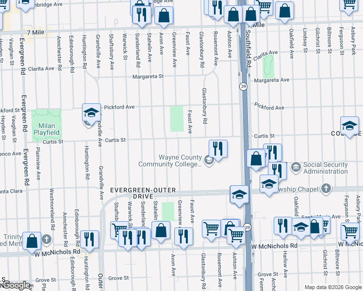 map of restaurants, bars, coffee shops, grocery stores, and more near 17664 Greenview Avenue in Detroit