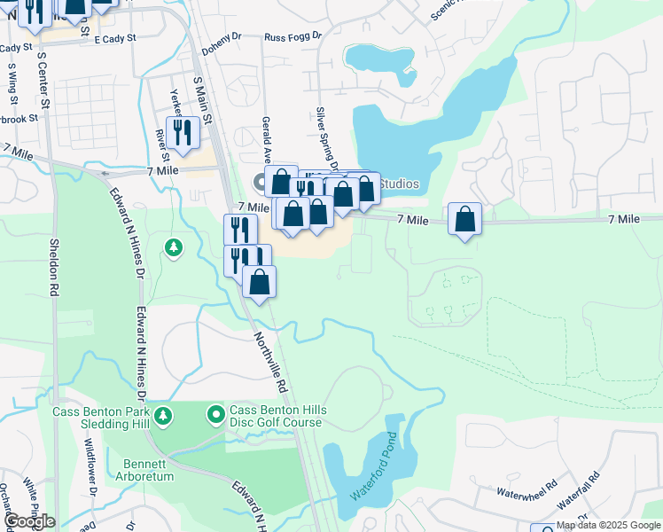 map of restaurants, bars, coffee shops, grocery stores, and more near 18716 Cumberland Ct in Northville
