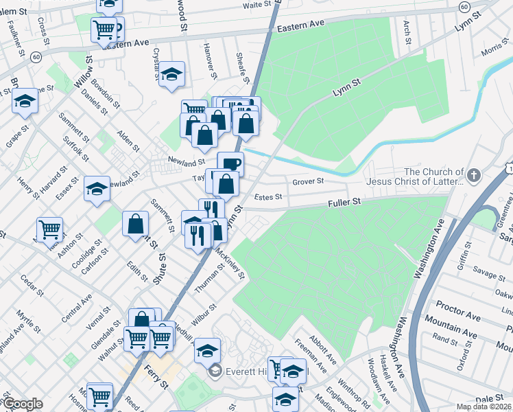 map of restaurants, bars, coffee shops, grocery stores, and more near 26 Fuller Street in Everett