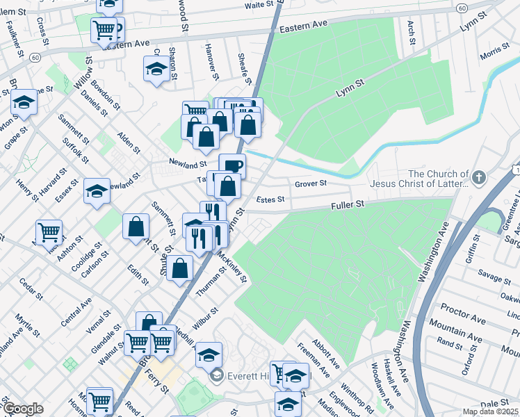 map of restaurants, bars, coffee shops, grocery stores, and more near 14 Oak Terrace in Everett
