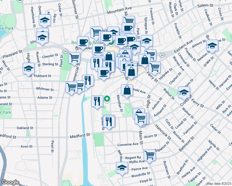 map of restaurants, bars, coffee shops, grocery stores, and more near 29 Meridian Street in Malden
