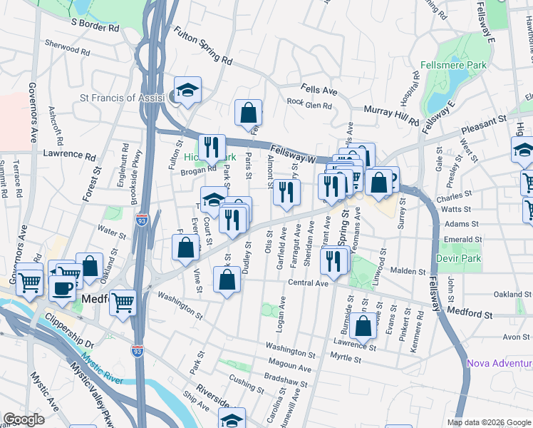 map of restaurants, bars, coffee shops, grocery stores, and more near 325 Salem Street in Medford
