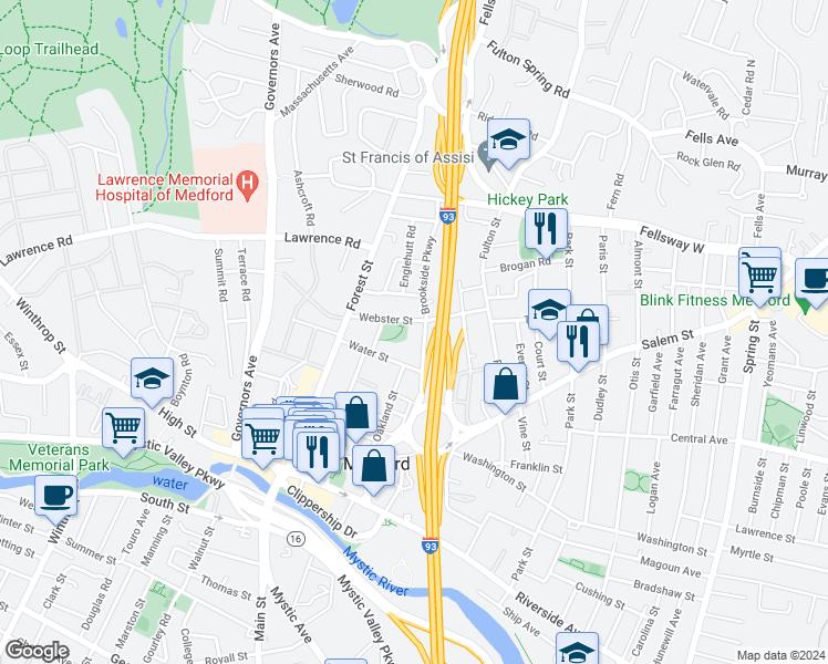 map of restaurants, bars, coffee shops, grocery stores, and more near 50 Water Street in Medford