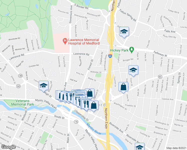 map of restaurants, bars, coffee shops, grocery stores, and more near 29 Water Street in Medford