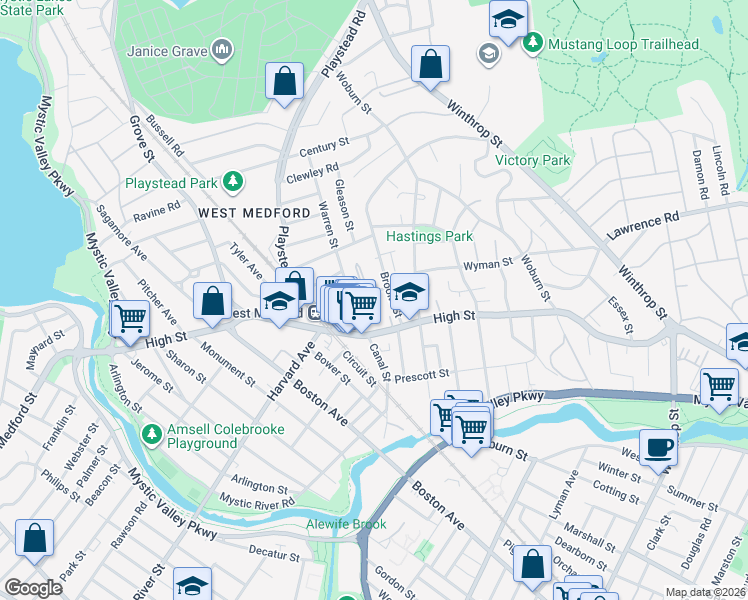 map of restaurants, bars, coffee shops, grocery stores, and more near 468 High Street in Medford