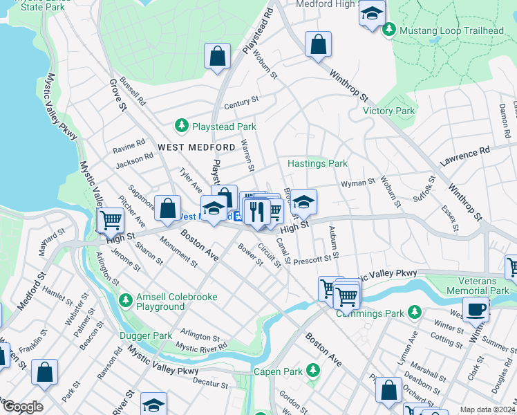 map of restaurants, bars, coffee shops, grocery stores, and more near 468 High Street in Medford