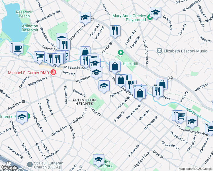 map of restaurants, bars, coffee shops, grocery stores, and more near 36 Appleton Place in Arlington