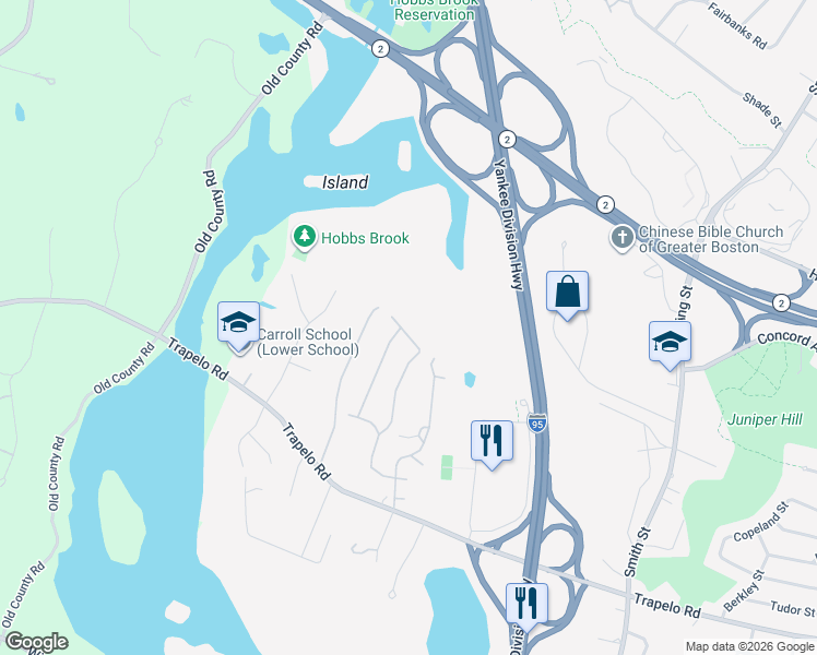 map of restaurants, bars, coffee shops, grocery stores, and more near 82 Midland Drive in Waltham