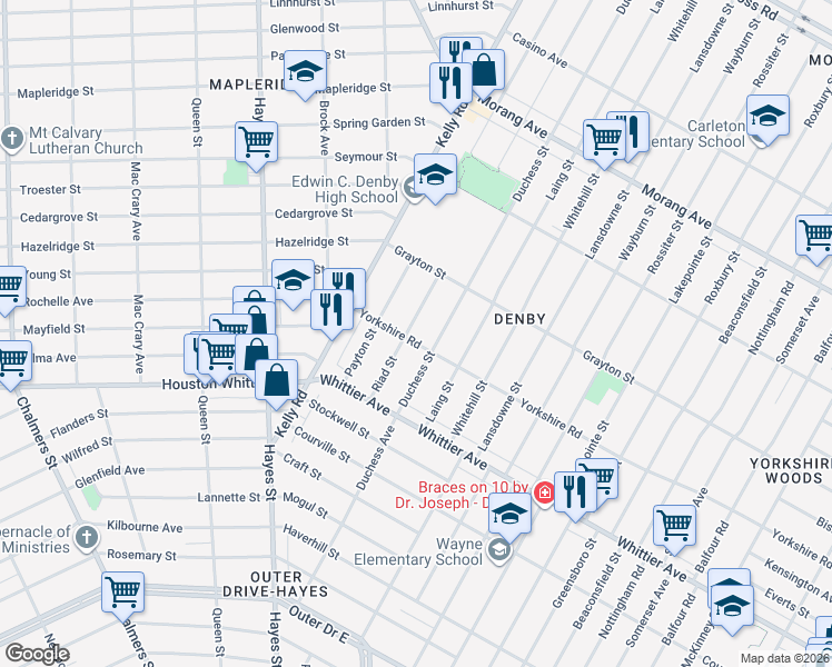 map of restaurants, bars, coffee shops, grocery stores, and more near 11625 Duchess Street in Detroit