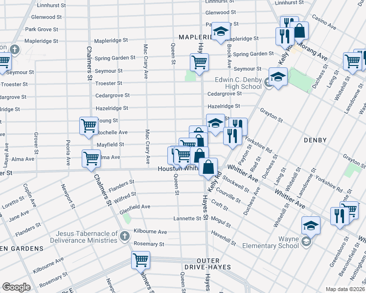 map of restaurants, bars, coffee shops, grocery stores, and more near 15050 Alma Avenue in Detroit