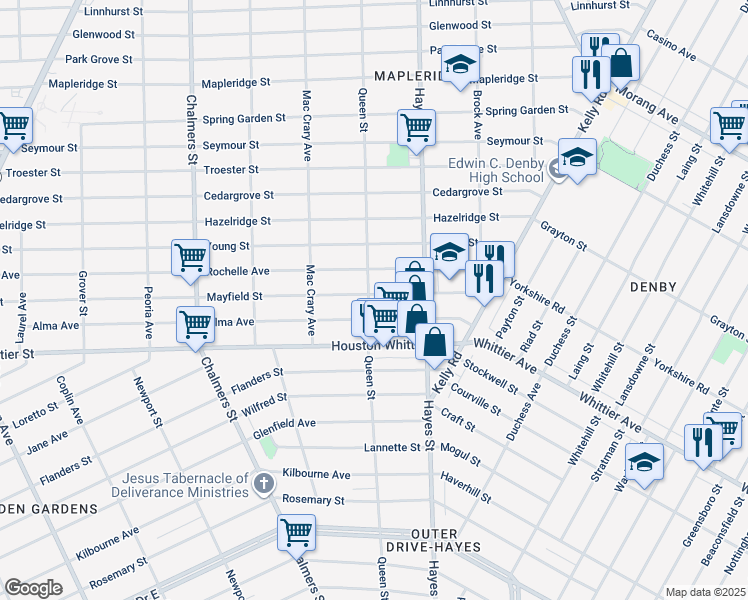 map of restaurants, bars, coffee shops, grocery stores, and more near 14900 Alma Avenue in Detroit