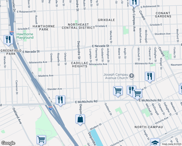 map of restaurants, bars, coffee shops, grocery stores, and more near 17433 Lumpkin Street in Detroit