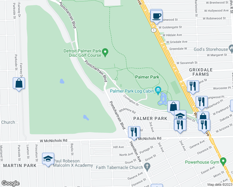 map of restaurants, bars, coffee shops, grocery stores, and more near 17673 Manderson Road in Highland Park
