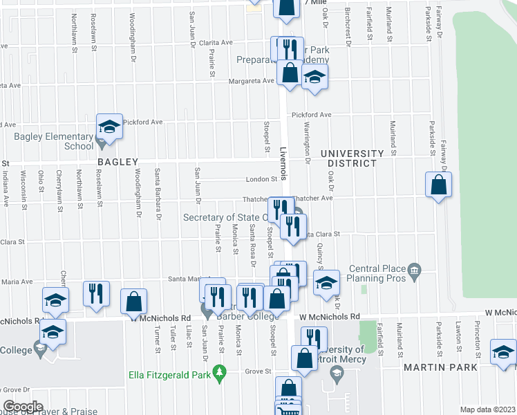 map of restaurants, bars, coffee shops, grocery stores, and more near 17543 Santa Rosa Drive in Detroit