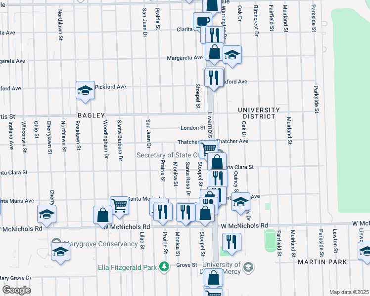 map of restaurants, bars, coffee shops, grocery stores, and more near 17543 Santa Rosa Drive in Detroit