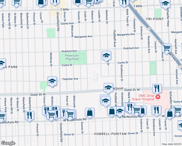 map of restaurants, bars, coffee shops, grocery stores, and more near 18000 Coyle Street in Detroit