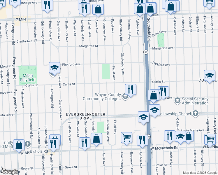 map of restaurants, bars, coffee shops, grocery stores, and more near 17664 Greenview Avenue in Detroit