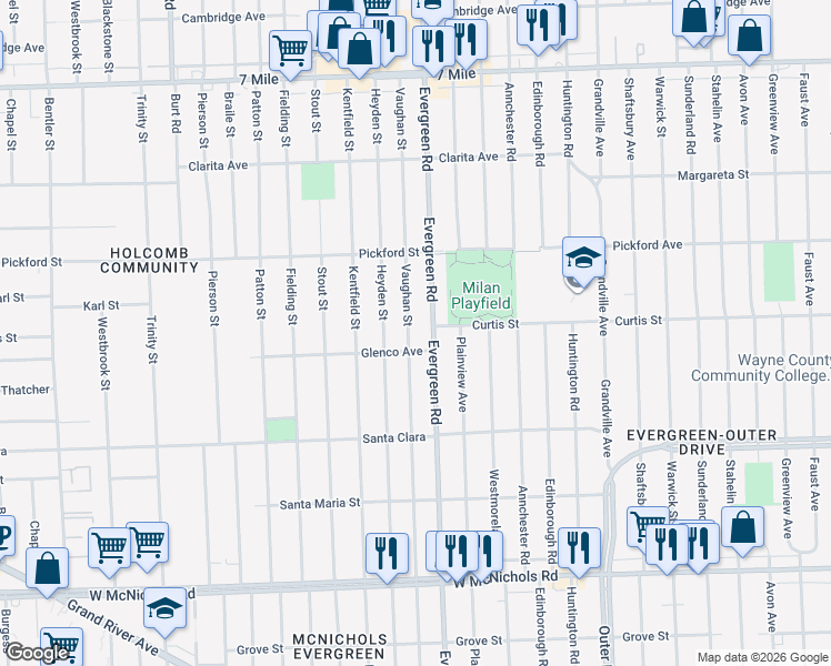 map of restaurants, bars, coffee shops, grocery stores, and more near 17665 Vaughan Street in Detroit