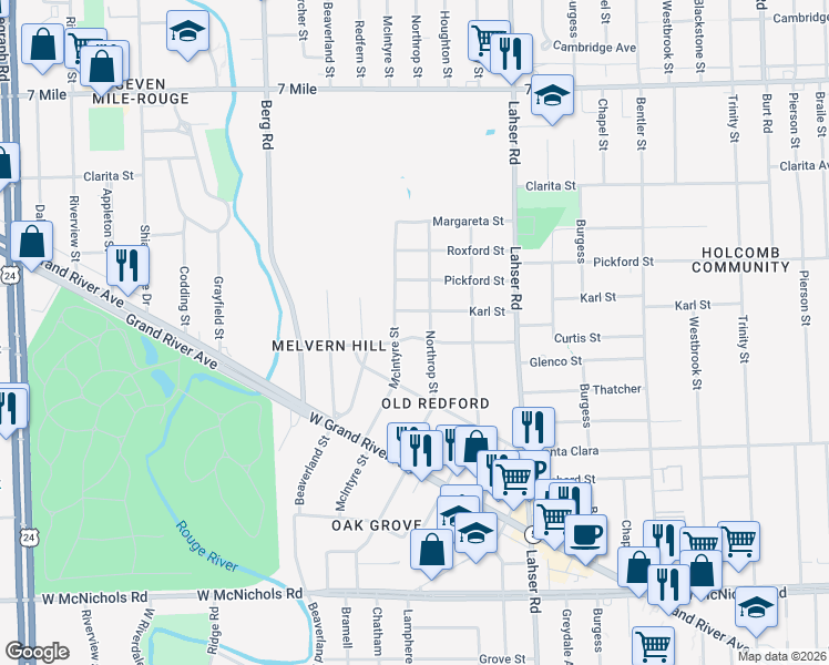 map of restaurants, bars, coffee shops, grocery stores, and more near 17801 Northrop Street in Detroit