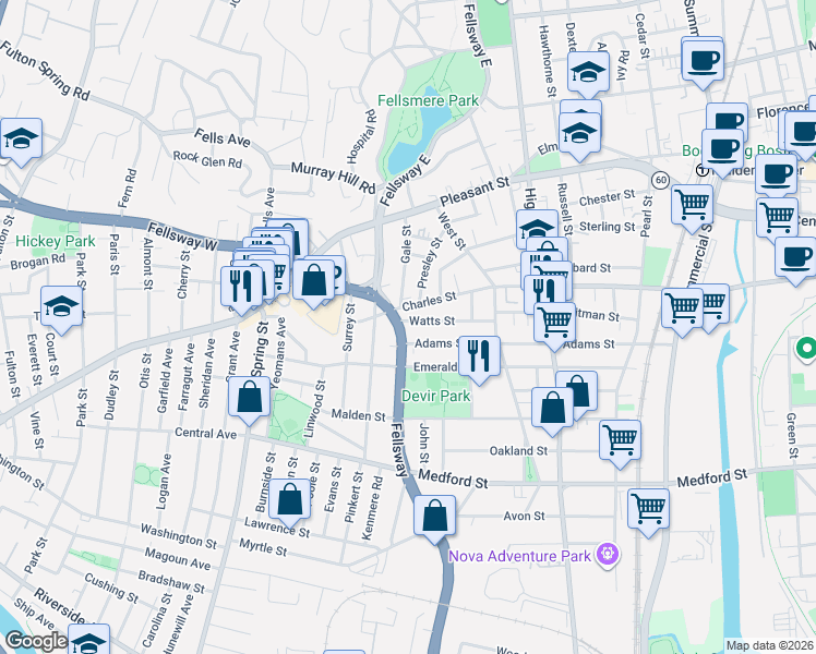 map of restaurants, bars, coffee shops, grocery stores, and more near 1210 Fellsway in Malden