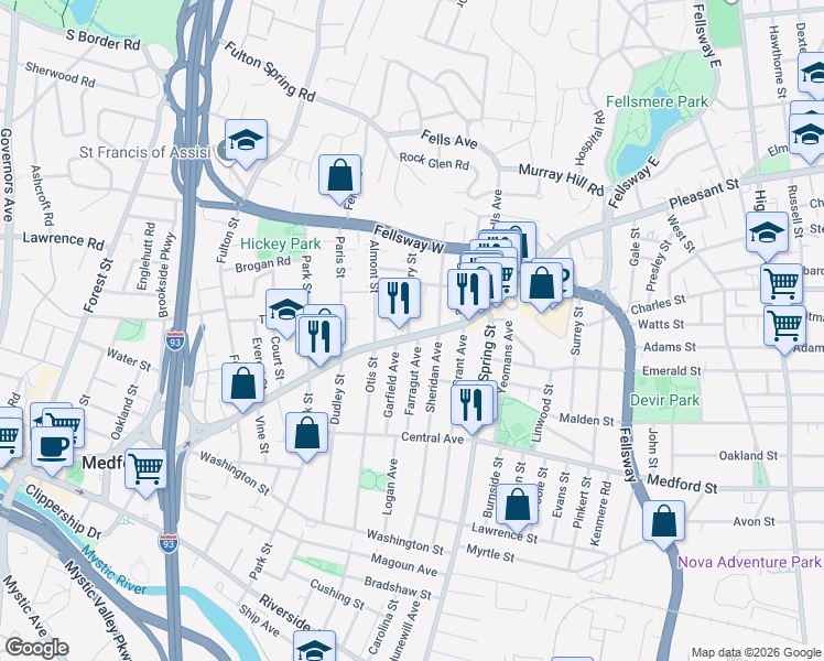 map of restaurants, bars, coffee shops, grocery stores, and more near 57 Farragut Avenue in Medford