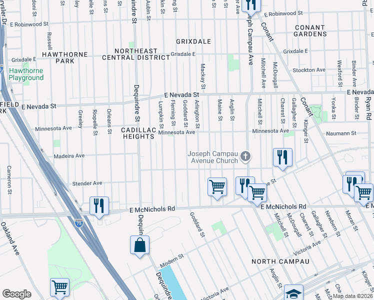 map of restaurants, bars, coffee shops, grocery stores, and more near 17432 Fleming Street in Detroit