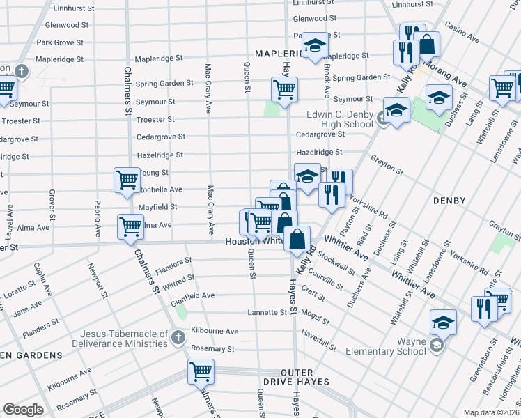 map of restaurants, bars, coffee shops, grocery stores, and more near 15050 Alma Avenue in Detroit