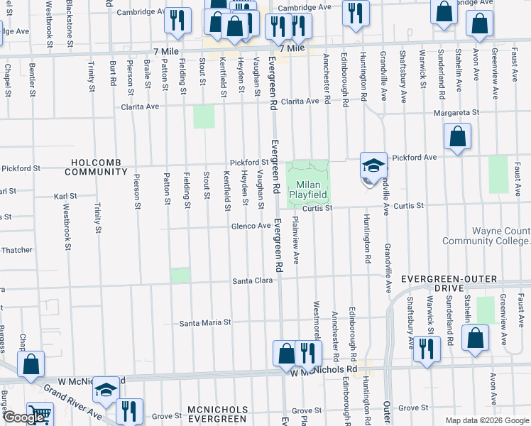 map of restaurants, bars, coffee shops, grocery stores, and more near 17665 Vaughan Street in Detroit