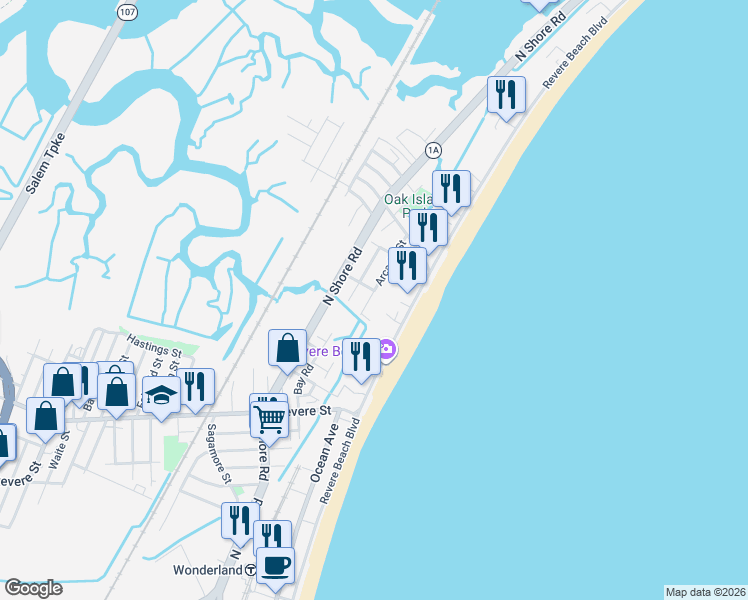 map of restaurants, bars, coffee shops, grocery stores, and more near in Revere