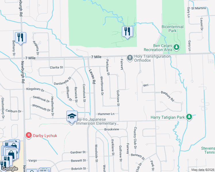 map of restaurants, bars, coffee shops, grocery stores, and more near 18683 Parklane Street in Livonia