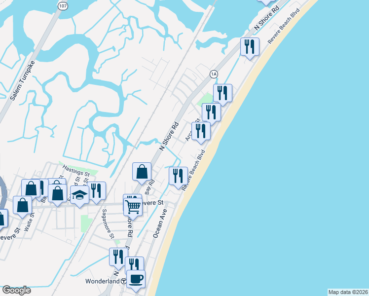 map of restaurants, bars, coffee shops, grocery stores, and more near 90 Arcadia Street in Revere
