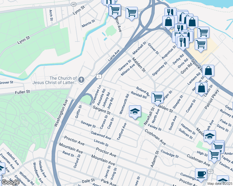 map of restaurants, bars, coffee shops, grocery stores, and more near 77 Joey Road in Revere