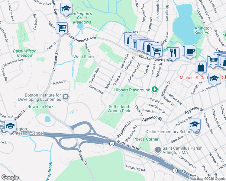 map of restaurants, bars, coffee shops, grocery stores, and more near 28 Chase Avenue in Lexington