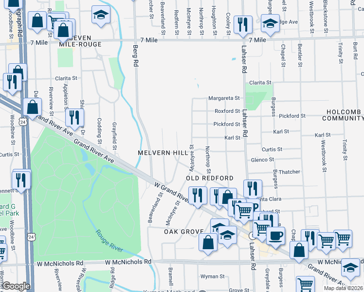 map of restaurants, bars, coffee shops, grocery stores, and more near 18319 McIntyre Street in Detroit