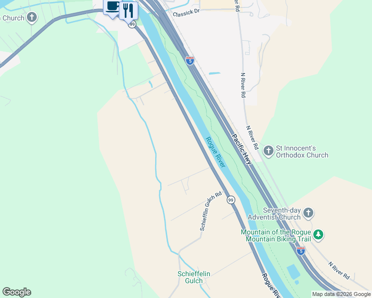 map of restaurants, bars, coffee shops, grocery stores, and more near 5173 Rogue River Highway in Gold Hill