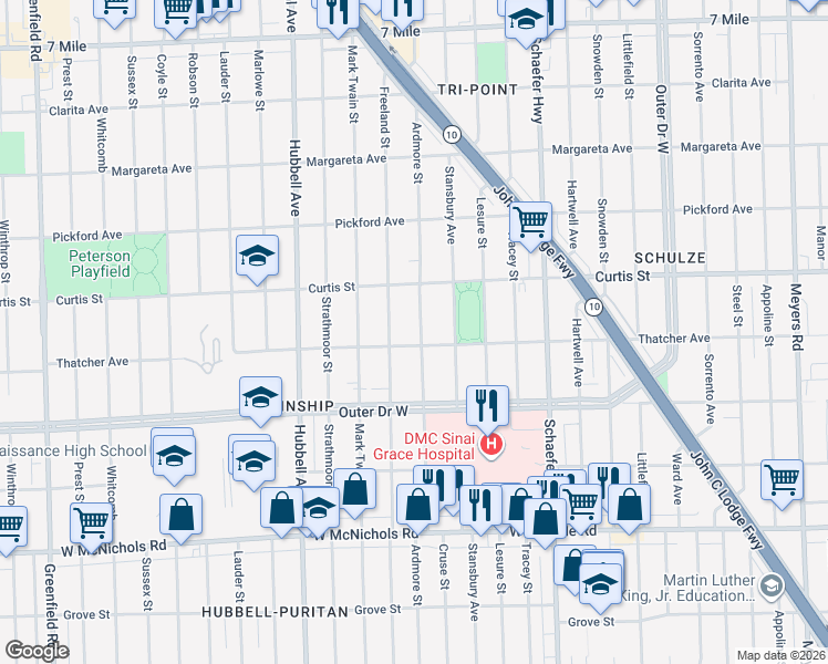 map of restaurants, bars, coffee shops, grocery stores, and more near 18077 Ardmore Street in Detroit