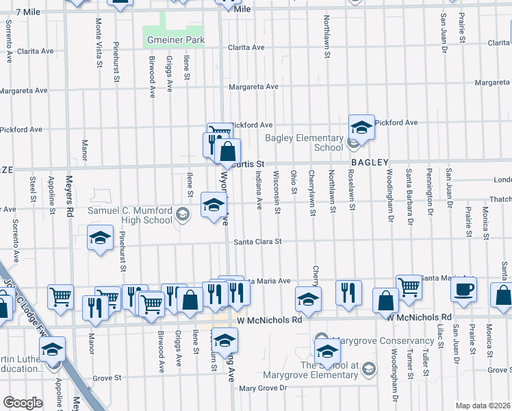 map of restaurants, bars, coffee shops, grocery stores, and more near 18037 Indiana Street in Detroit