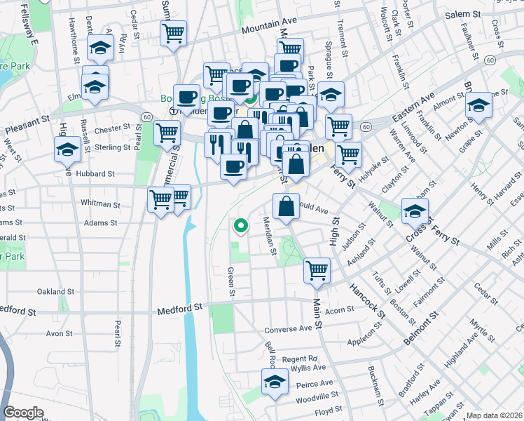 map of restaurants, bars, coffee shops, grocery stores, and more near 7 Meridian Street in Malden