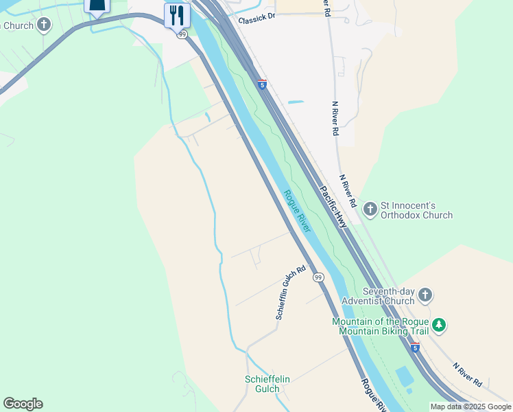 map of restaurants, bars, coffee shops, grocery stores, and more near 5173 Rogue River Highway in Gold Hill