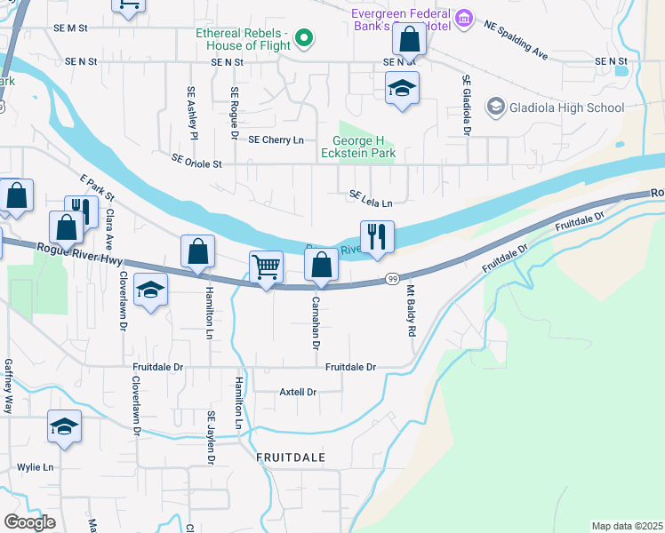 map of restaurants, bars, coffee shops, grocery stores, and more near 1834 Rogue River Highway in Grants Pass
