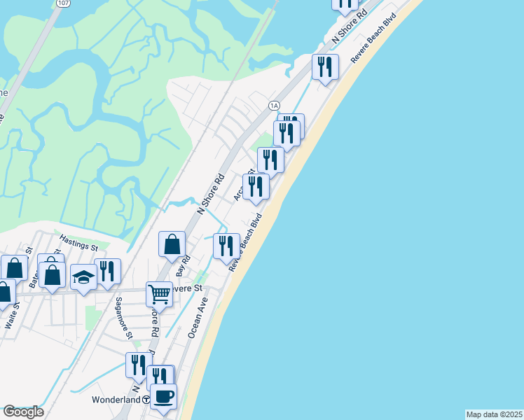 map of restaurants, bars, coffee shops, grocery stores, and more near 390 Revere Beach Boulevard in Revere