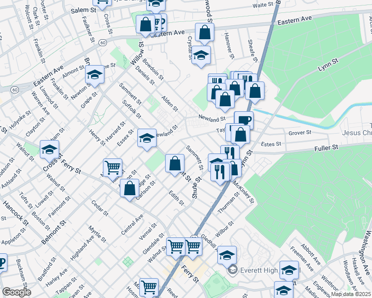 map of restaurants, bars, coffee shops, grocery stores, and more near 134 Taylor Street in Everett