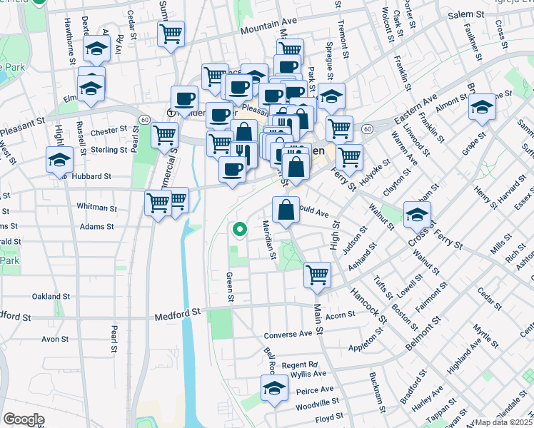 map of restaurants, bars, coffee shops, grocery stores, and more near 27 Madison Street in Malden