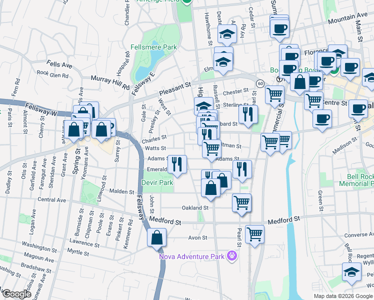 map of restaurants, bars, coffee shops, grocery stores, and more near 360 Charles Street in Malden