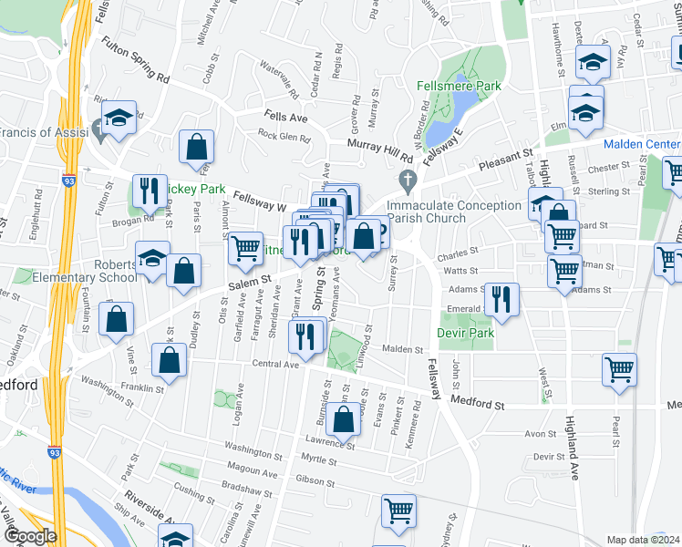 map of restaurants, bars, coffee shops, grocery stores, and more near 463 Salem Street in Medford