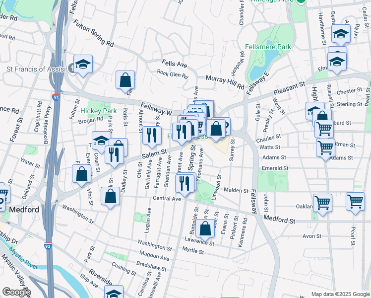 map of restaurants, bars, coffee shops, grocery stores, and more near 163 Grant Avenue in Medford