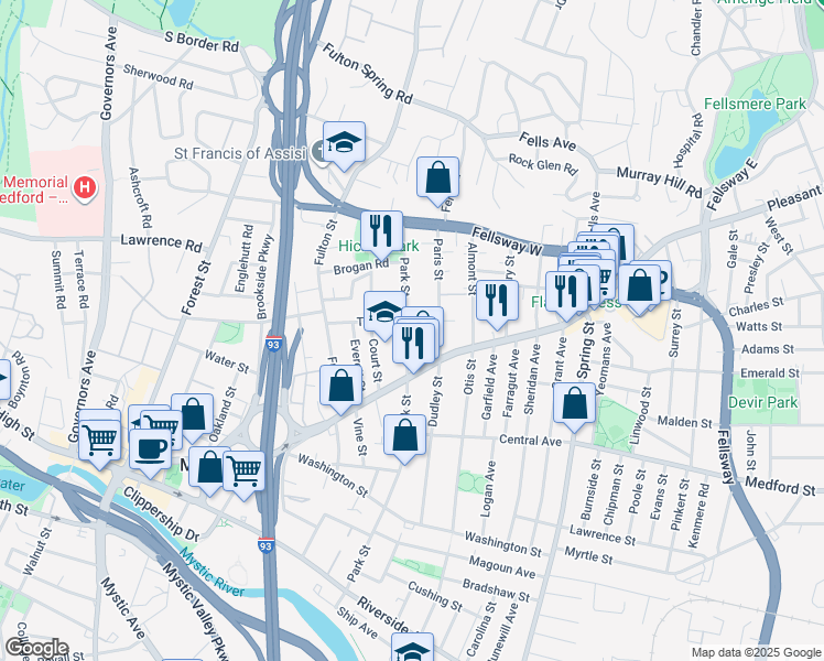 map of restaurants, bars, coffee shops, grocery stores, and more near 259 Park Street in Medford