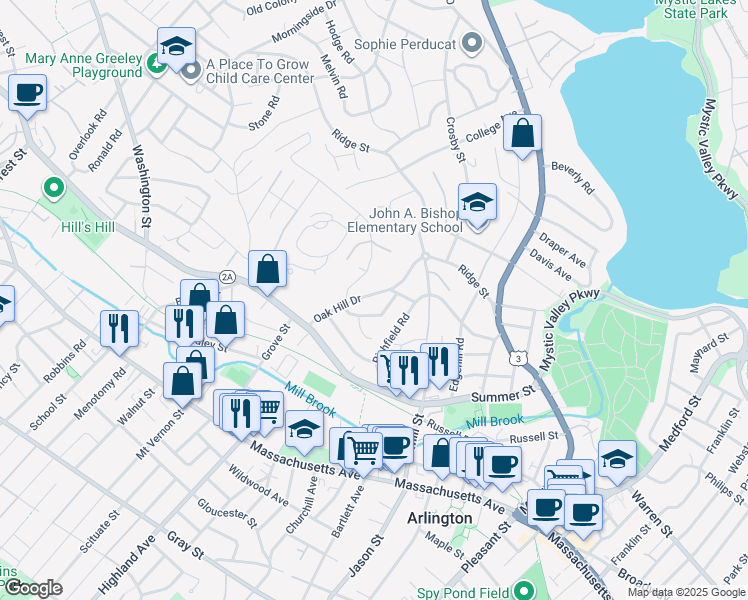 map of restaurants, bars, coffee shops, grocery stores, and more near 30 Woodside Lane in Arlington
